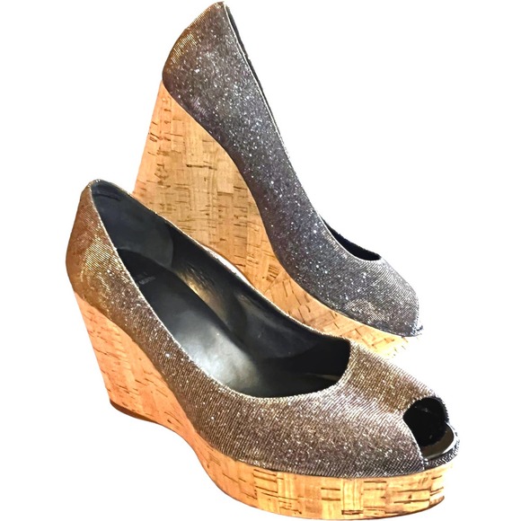 Stuart Weitzman Grey Lurex Glitter Anna Cork Wedge Platform Peep Toe Pumps 9.5 - Picture 2 of 13